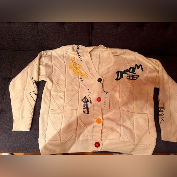 Ebossy Cable Knit Cardigan Button Down Embroidered Sweater Size L - Picture 1 of 4